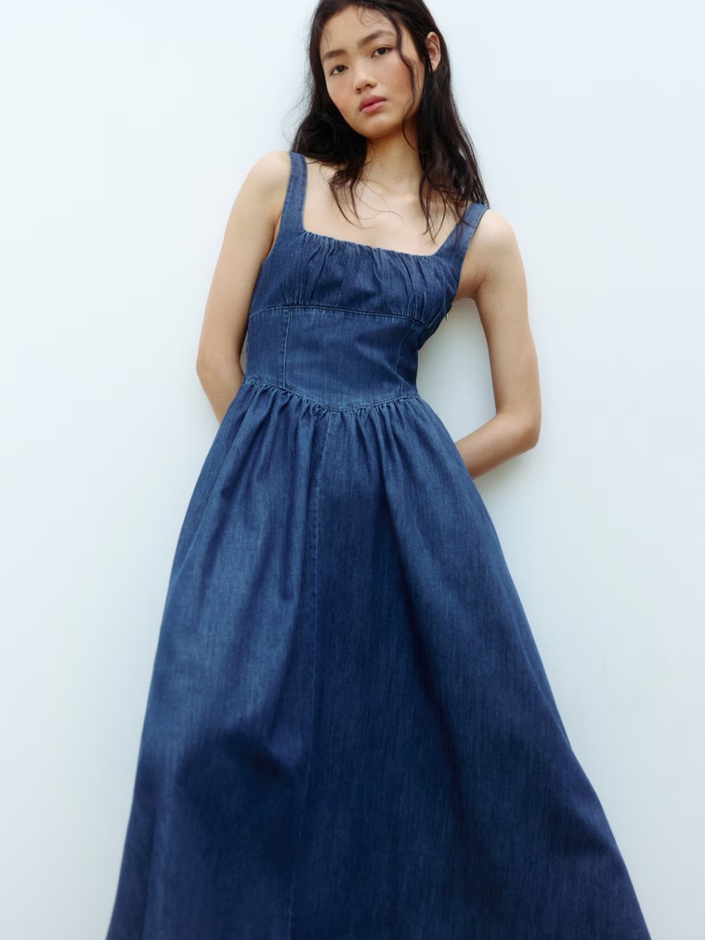 H&M Indigo Denim Midi Dress with Square Neck
